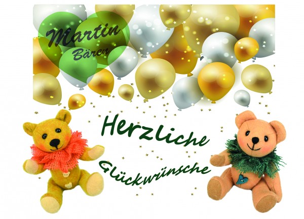 Postkarte Grußkarte Herzliche Glückwünsche Teddybären Luftballons Martin Bären